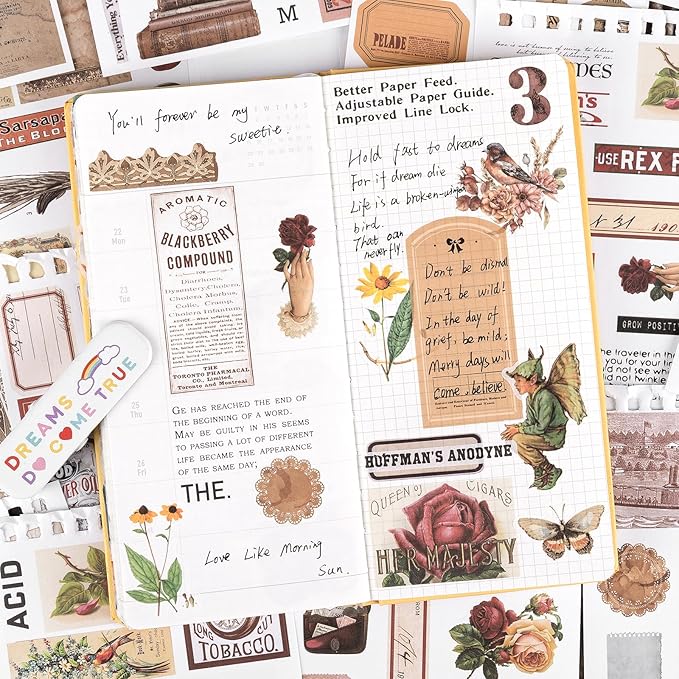 RISYPISY Pre-Cut Vintage Sticker Book for Scrapbooking - 622PCS Journaling Dark Academia Washi Stickers, Ephemera for Junk Journal Supplies 50 Sheets Orange Sticker for Journaling