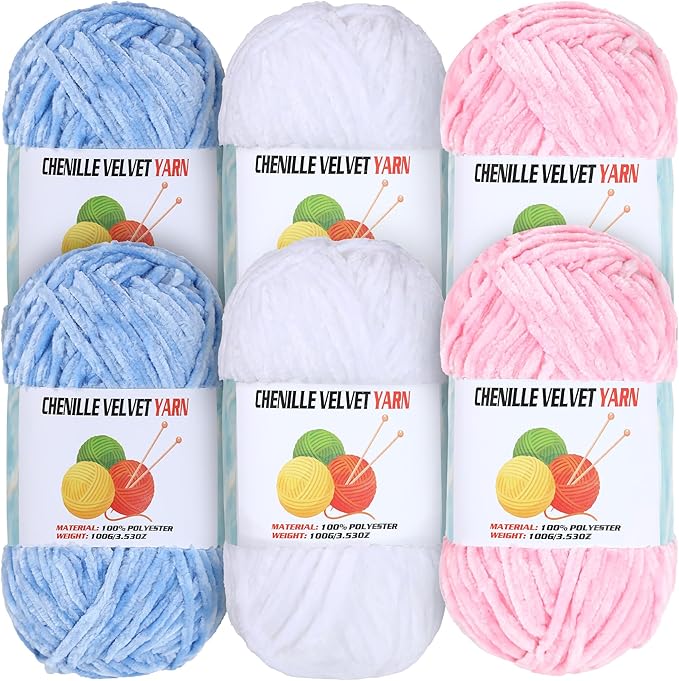 6 * 100g Velvet Chenille Chunky Yarn, Handcrafts Weaving Soft Chenille for Crocheting Clearance, Used for Making Baby Yarn Blanket, Clothes, Knitting Creations (A)