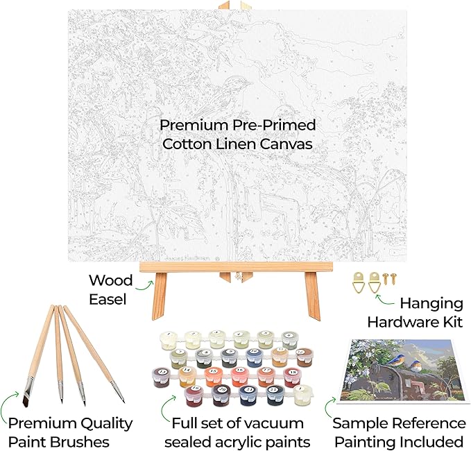 Ledgebay DIY Paint by Numbers Kit for Adults Framed Canvas Beginner to Advanced Paint by Numbers Kit Kits Include Acrylic Paint Set Brushes Tabletop Easel (Rural Route Bluebirds 12"x16" Framed)