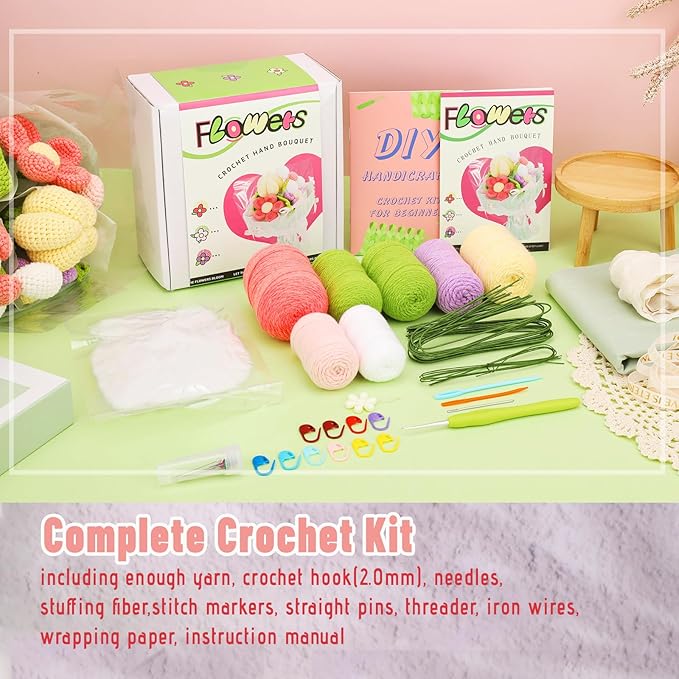 Iuuidu Crochet Kit for Beginners, Flower Bouquet Crochet Kit, Crochet Starter Kit for Beginners Adults with Step-by-Step Video Tutorials for Birthday Day Wedding Present, DIY Home Decor