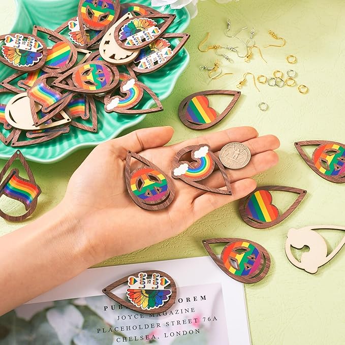 Beadthoven 20 Pairs DIY Gay Pride LGBT Wood Dangle Earrings Making Starter Kit Lesbian Big Wooden Rainbow Charms Pendant Pride Parade Supplies Earring Hooks Jump Rings for Jewelry Making