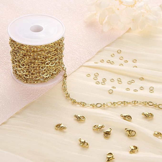 Jabogrii 13 Feet Gold Plated Embossed Oval Cable Chain for Jewelry Making Shiny Stainless Steel Jewelry Making Chains Bulk