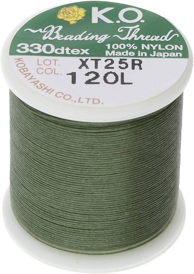 KO Nylon Beading Thread, Dark Olive Color, Japanese Pre-Waxed 100% Nylon, 330TEX, Tangle Resistant Knotting Cords, 50m /55 yds Spool, Use for Seed Bead Projects, Loom Work & Bead Weaving