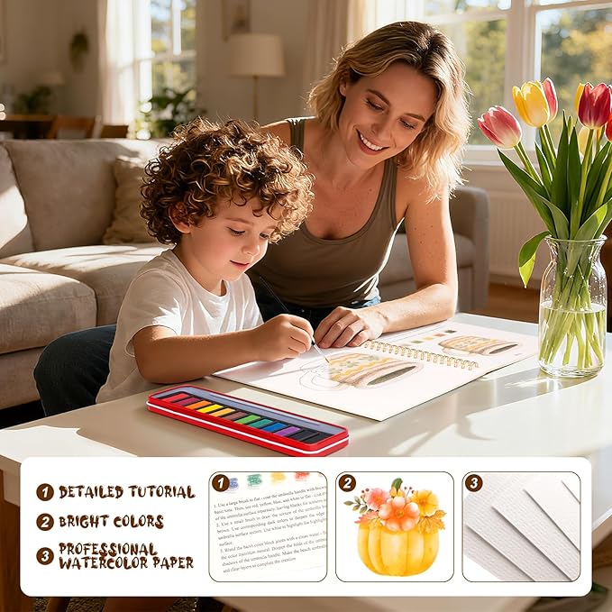 Watercolor Workbook for Adults, Beginner Friendly Watercolor Painting Kit Autumn Water Coloring Book, Nature-Themed Practice Art Gift Water Color Paint Book with Palette and Brush