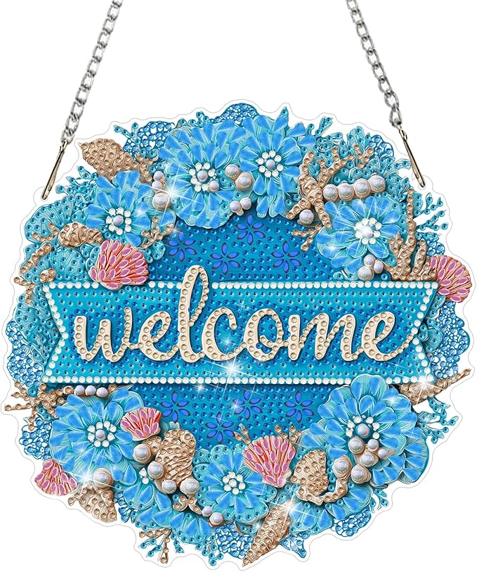 MAXBYE Welcome Sign Diamond Art Painting Kits for Adults Beginners Hanging Pendent, DIY 5D Special Shaped Crystal Diamond Painting Kits Ornament for Gift Home Wall Door Decor 8×8 Inch