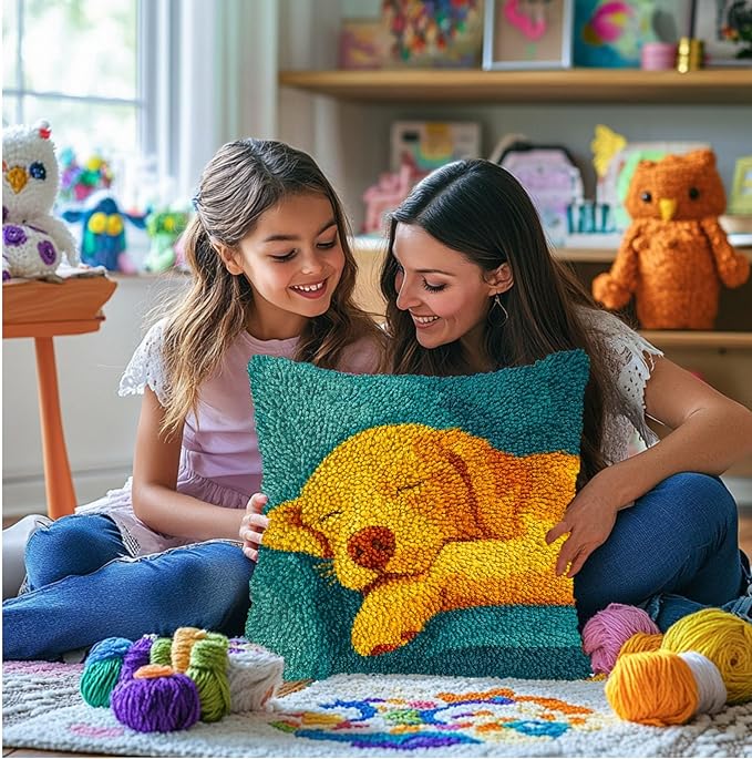 DIY Latch Hook Pillow Kits for Adults Sleeping Golden Retriever Puppy on Sofa Printed Pillowcase Crochet Yarns Hooking Handmade Pillow Cover Cushion for Home Sofa Decor 17x17inch(3)
