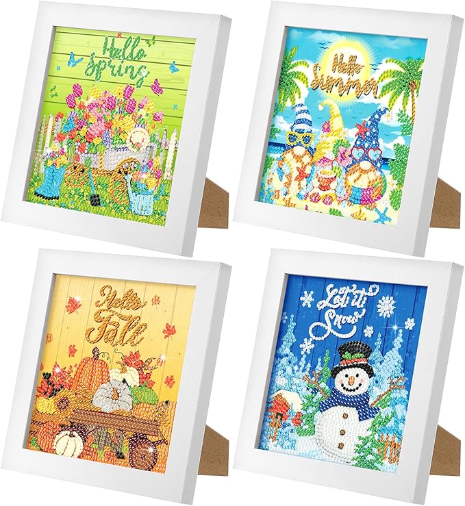 Geyoga 4 Pcs Seasonal Holiday Diamond Art Kits for Adults 5d Seasonal Diamond Painting Kits with Frame for Beginner Kids Arts and Crafts Rhinestone Gem Art Table Decor Gift 7 x 7 Inch
