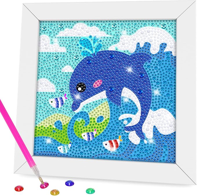 QEUOYSS Diamond Art Kit for Kids with Wooden Frame Art and Crafts for Kids Ages 6-8 -10-12 Easy to DIY Diamond Art for Kid and Adult Beginners Home Wall Decoration (Dolphin)