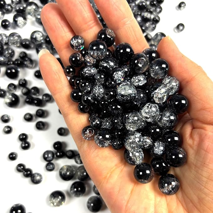 Glass Beads for Jewelry Making, 315Pcs Crackle Round 6/8/10mm Crystal Beads for Bracelet Craft Necklace Earring Making Wine Charms Wind Chimes, Black Color