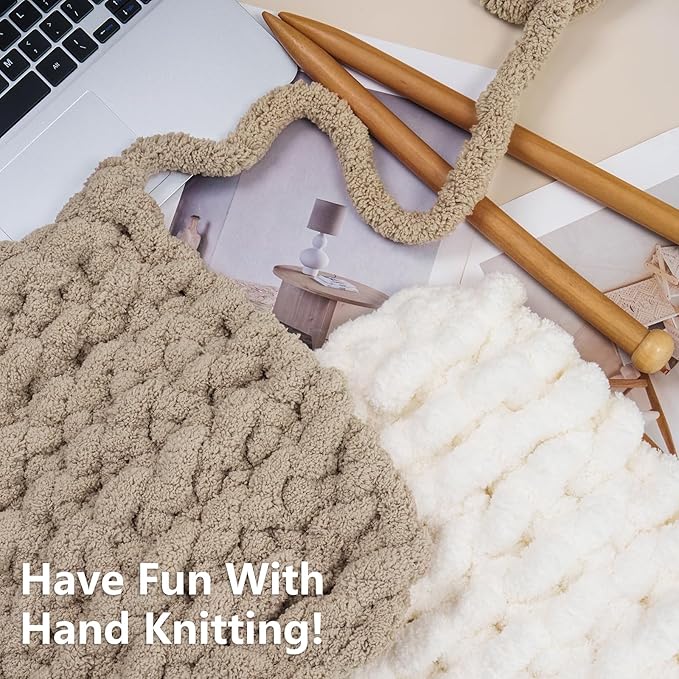 Chunky Yarn for Hand Knitting - #10 Chunky Chenille Yarn, Jumbo Big Thick Chunky Yarns for Crocheting, Super Bulky Chunky Knit Blanket Yarns, 8 Skein (25yd, 8oz/Skein), Cream & Khaki