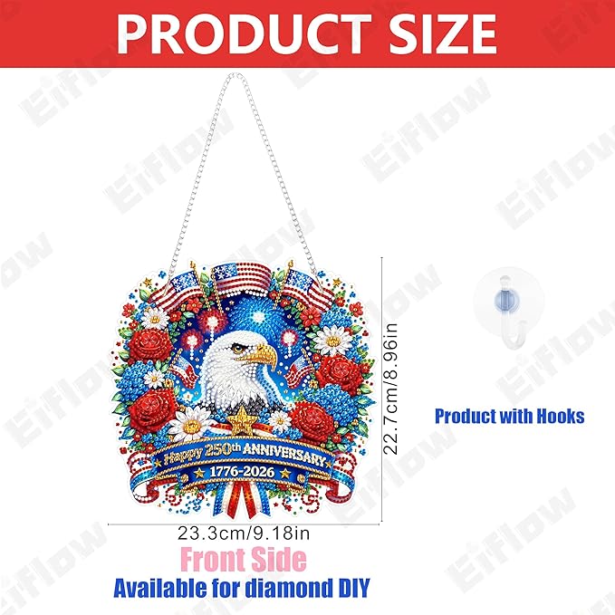 Eiflow 250th Anniversary Diamond Art Hanging Kit for Adults, DIY Diamonds Painting Door Hanger Board Kit 4th of July, Acrylic Crystal Diamond Art Painting Pendant Ornament (Ealge)