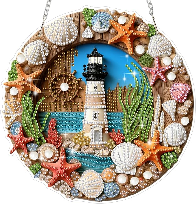 MEIYUDA Lighthouse Diamond Art Hanging Kits for Adult, Shell Starfish Wreath Diamond Painting Hanging Kits Ornaments, DIY Special Shaped Rhinestone Window Pendants Kit for Home Garden Wall Decor Gift