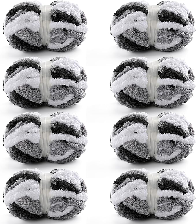 8 Pack Chunky Yarn for Crocheting and Knitting, Soft Blanket Thick Chenille Yarn - 28 Yds 7.7 Oz Each Skein (Black, White, Gray)