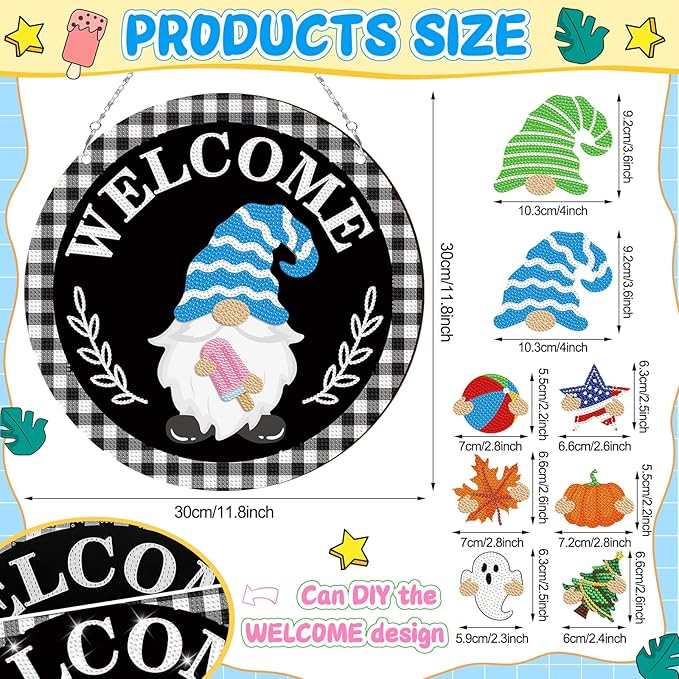 33 Pcs Magnetic Diamond Art Set Interchangeable DIY Gnome Diamond Painting Decor Detachable Welcome Sign Seasonal Door Hanger Gnome Party Decorations Gift for Home Wall Front Door(Cute)
