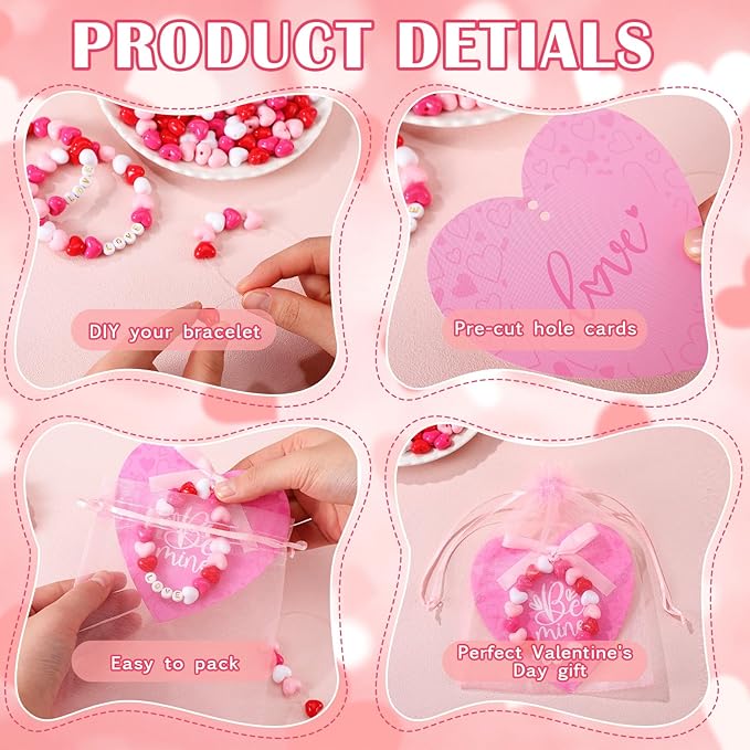 Kigeli 24 Set Valentine's Day Bead Wristband Craft Kit, Valentine Bracelet Crafts, DIY Heart Bracelet Making Kit, Exchange Romantic Art Craft Gifts, Valentines Decor for Party Favor Activity