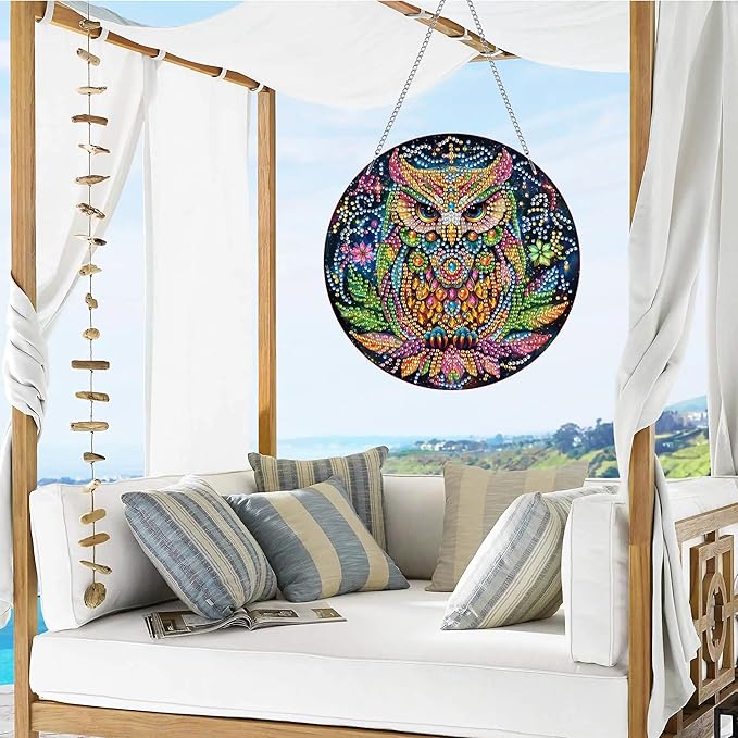 VAIIEYO Owl Diamond Art Hanging Ornament, Animal Diamond Painting Suncatchers Window Hanging Kit with Chain, 7.5x7.5 inch Crystal Pendant Art Craft for Gift Home Wall Front Door Decoration