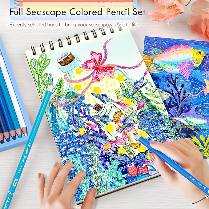 36-piece Blue Seascape Colored Pencil Set, Pre-sharpened Wooden Colored Pencils for Adults Artists Beginners Coloring Books Drawing & Sketching
