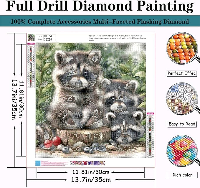 CZYWJMEI 5D Diamond Painting Kits for Adults Beginners,DIY Raccoon Family Diamond Art Kits,Full Round Drill Diamond Dot Gem Art Kits,Home Wall Decor 13.7 x13.7nch