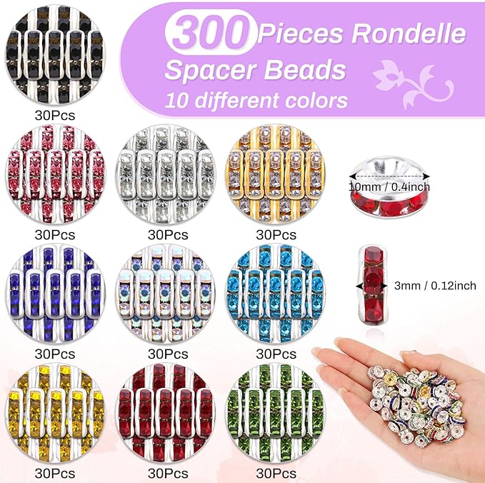 shynek 300 Pieces Rondelle Spacer Beads for Jewelry Making, 10mm Rhinestone Spacer Beads for Beaded Pens, Crystal Bead Spacers for Jewelry Making, Bracelets (10 Colors)