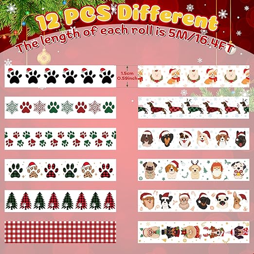 Christmas Dog Washi Tape - 12 Roll Christmas Hat and Dog Paw Pack Double Sided Scrapbook Masking Washi Tape School Office Scrapbooking Scrapbook Supplies Adhesive Glue Diy Craft Gift Wrapping