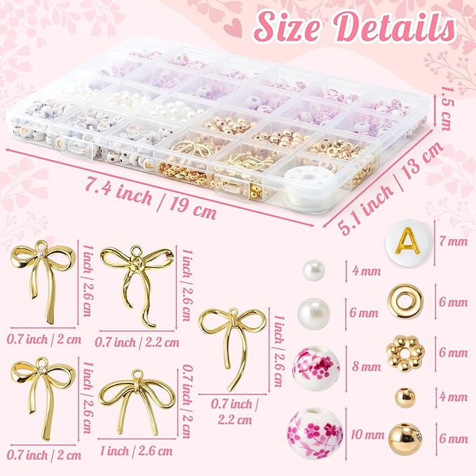 OSNIE Pink Flower Ceramic Beads - 681Pcs Vintage Pink Flower Printed Spacer Beads, Round Porcelain Pearl Gold Bead Making Kit for Women, Bow Charm DIY Jewelry Supplies Handmade Craft Gift for Necklace