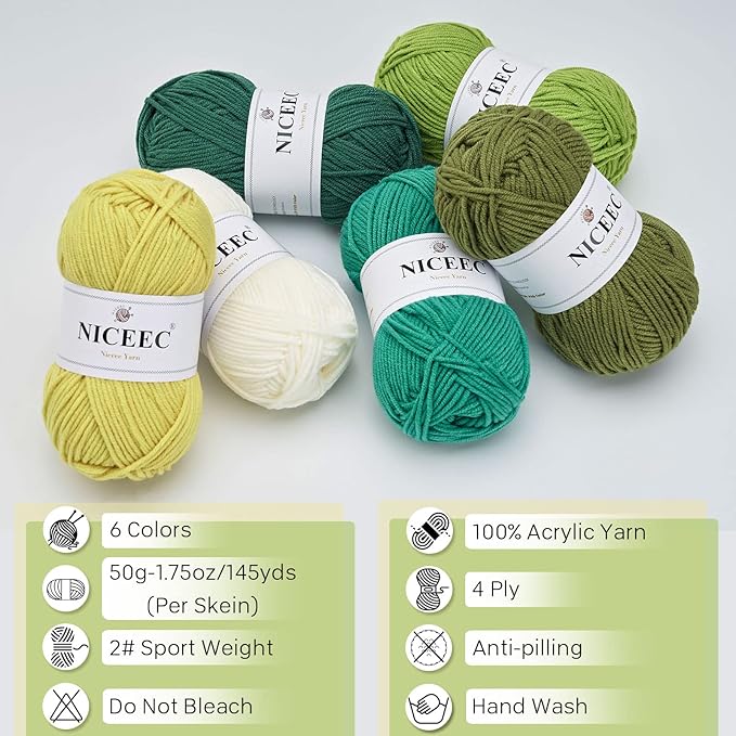 NICEEC 300g Soft Assorted Colors Yarn - Sport Weight,100% Acrylic, 4 Ply, Bonbons Yarn for Crochet & Knit, DIY Project Starter Kit for Kids or Adults(Total 870yds) - Green Series