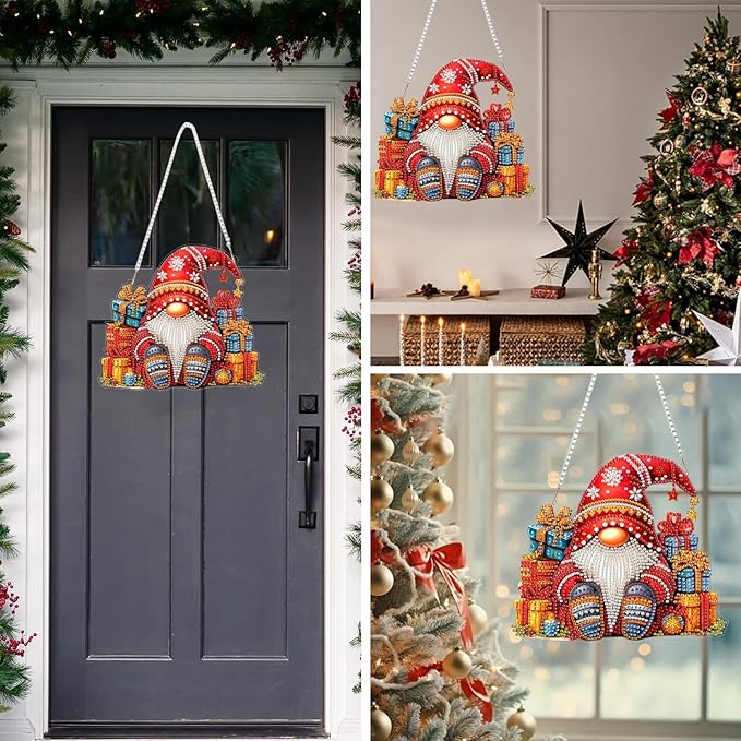 MEIYUDA Gnomes Diamond Art Hanging Kits for Adult, Christmas Gnomes Diamond Painting Hanging Kits Ornaments, DIY Special Shaped Rhinestone Window Pendants kit for Home Garden Wall Decor Gift