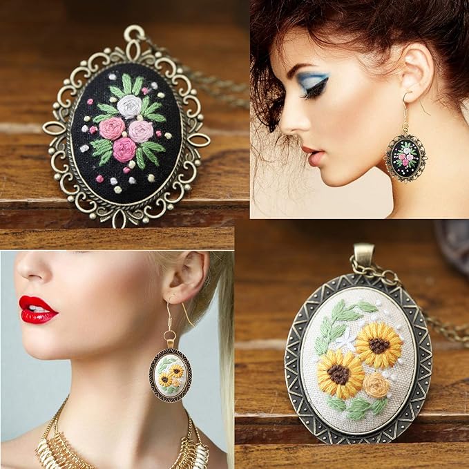 MWOOT 3 Pack Pendant Embroidery Starter Kit for Beginners,Retro Necklace Series Cross Stitch Tools for Necklace & Earrings & Hand Sewing Jewelry & Creative Gifts,Style A