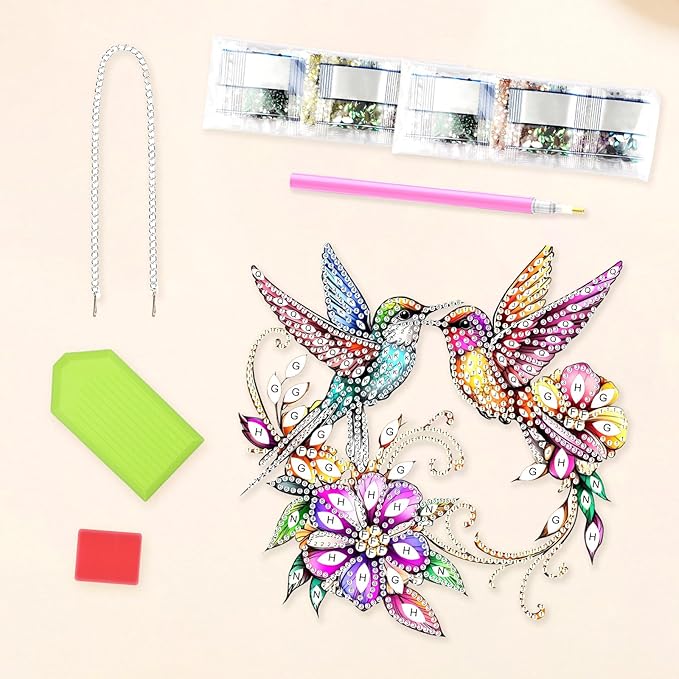 Lxmsja DIY Colorful Hummingbirds Diamond Painting Hanging Ornament, Double-Sided Acrylic Bright Flowers Diamond Art Kit, Special Shaped Suncatcher Hanging Pendant Window Art Kit 8x8 inch