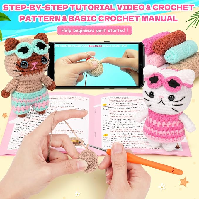 Fortuning's JDS Crochet Kit for Beginners, Couple Cat Crochet Kit for Beginners Adults Kids, Crochet Cat Kit with Step-by-Step Video Tutorials, Creative Handmade Crochet Gifts for Cat Lovers