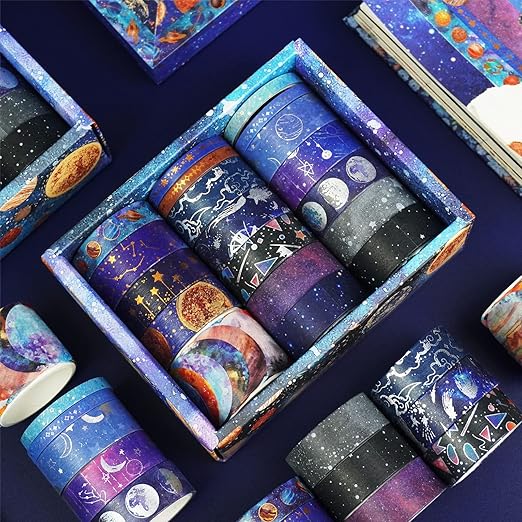 YUBBAEX Galaxy Washi Tape Set Starry Gold Silver Foil Decorative Tapes for Arts, DIY Crafts, Journals, Planners, Scrapbook, Wrapping (Universe 19 Rolls)