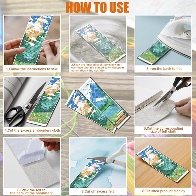 FREEBLOSS 6 Set Cross Stitch Bookmarks Kit Mountains&Rivers Stamped Cross Stitch Kit DIY Embroidery Bookmark Set with Instruction for Adults Beginners Gift for Reading Enthusiasts 8 * 2.4inch 11CT