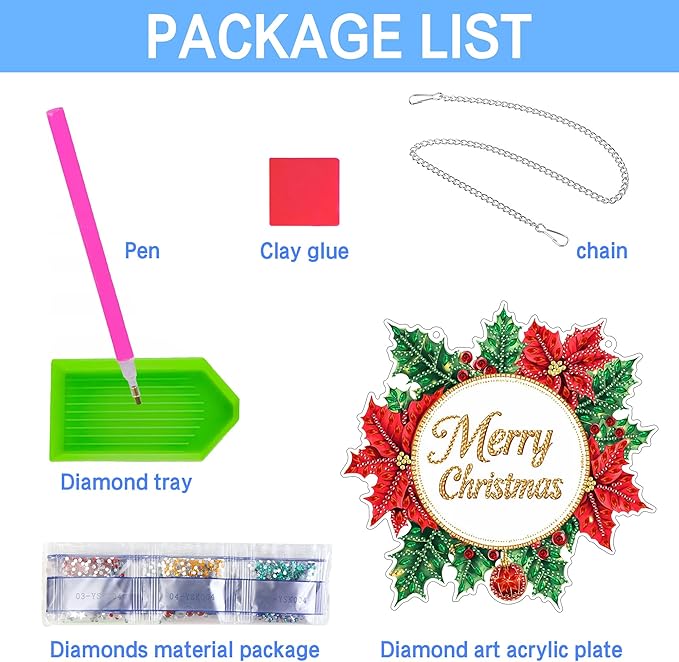 VAIIEYO Christmas Diamond Art Hanging Ornament, Garland Diamond Painting Suncatchers Window Hanging Kit with Chain, 7.5x7.5 inch Crystal Pendant Art Craft for Gift Home Wall Front Door Decoration