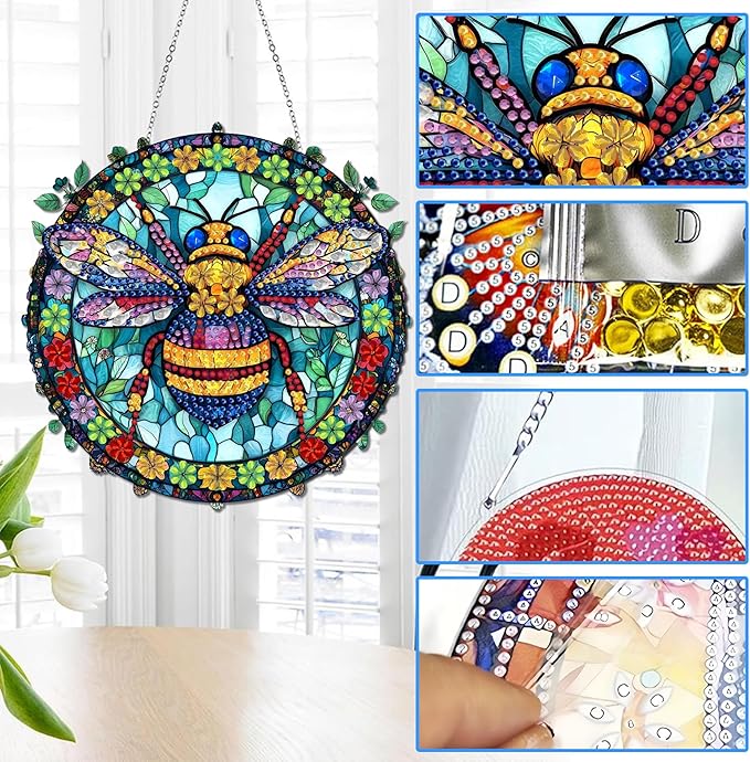 Reofrey Hanging Diamond Art Kits for Adults - 8x8 Inch Bee Acrylic Board Double Sided Pattern Diamond Painting Suncatcher Pendant, DIY Crystal Art for Home Wall or Window Decoration Handmade Gift