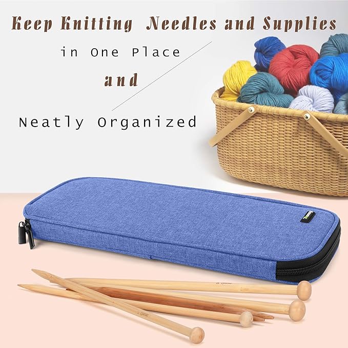 Teamoy Knitting Needles Case (Up to 14''), Travel Organizer Storage Bag for Knitting Needles, Tunisian Crochet Hooks and Accessories, Blue
