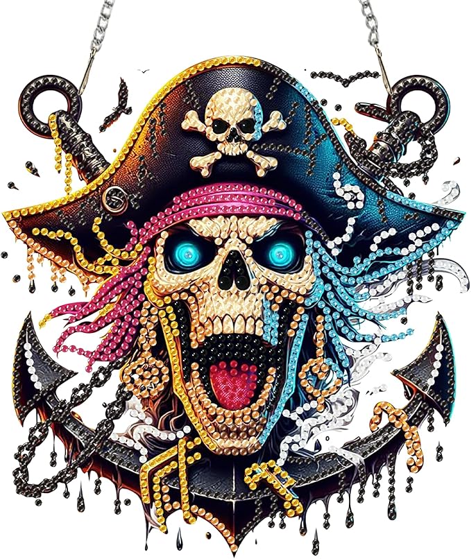 Auremi Pirates Diamond Art Pendant Kits,5D Skulls Diamond Art Diamond Painting Hanging Kits,DIY Special Shaped Diamonds Painting Suncatcher Pendant Kit for Adults for Gift Wall Home Decor