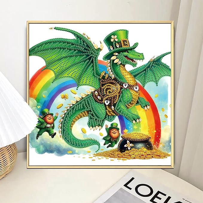 MVVMTOP Diamond Painting Kit St Patrick’s Day Dragon and Rainbow Shamrock Lucky Coins Special Shaped 5D Partial Crystal Diamond Art DIY Wall Decor Gift