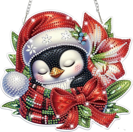 Bowetile Christmas Diamond Art Hanging Kits for Adults, Penguin Diamond Art Suncatchers, 5D Special Shape Diamond Painting Pendant Window Ornament Christmas Gifts for Home Door Wall Decor