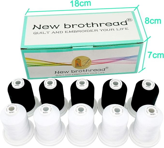 New brothread - 18 Options - Multi-Purpose 100% Mercerized Cotton Threads 50S/3 600M(660Y) Each Spool for Quilting, Serger, Sewing and Embroidery - 5 White+5 Black Colors