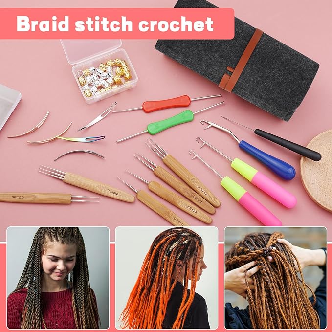 Dreadlock Crochet Hook, 48 Pcs Loc Crochet Needle, 6 Dreadlock Crochet Needle, Crochet Hooks for Hair, Different Size Bent Latch Hook with Case and Dreadlocks Tool (Dark Gray)