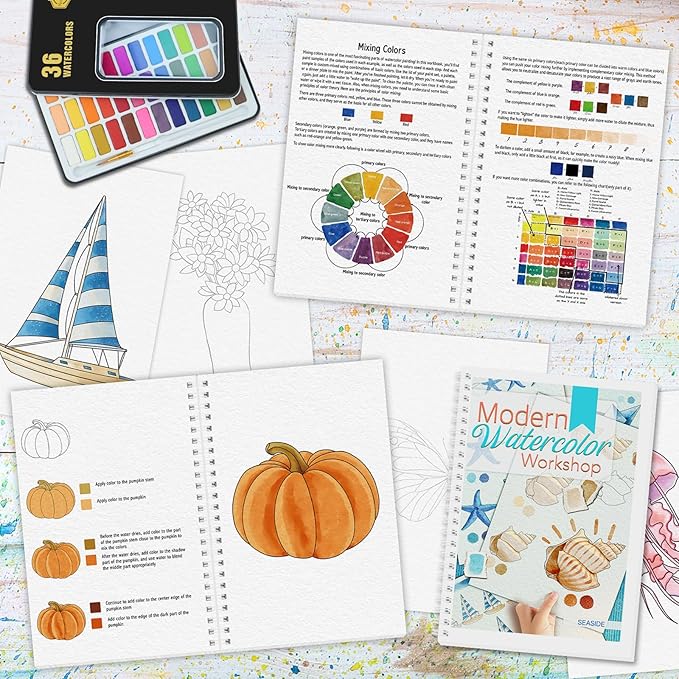 5Pcs Watercolor Workbook with 36 Paint Colors, Water Coloring Book for Adult with 60 Patterns, Beginner-Friendly Watercolor Workbooks for Beginners with 36 Paint Colors, Stress - Relieving Gift