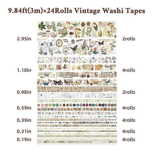 Vintage Washi Tape Set 24 Rolls, Decorative Masking Tape for Junk Journal, Scrapbooking Supplies, DIY Crafting Supplies