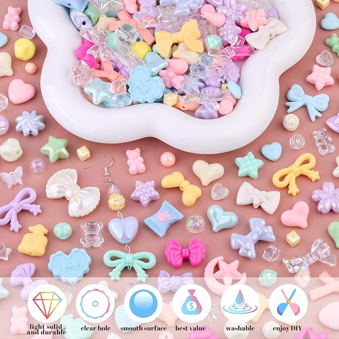 200-260PCS TINKRSTUFF Assorted Acrylic Beads Macaroon Cute Beads for Bracelet Making, Bow Flower Butterfly GummyBear Kawaii Charms, Aesthetic Bead for Necklace Keychain Jewelry Making DIY Phone Charm