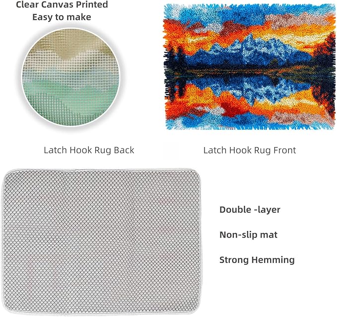 Latch Hook Rug Kit Landscape of Mountain Lake Pre-Printed Handmade Carpet Crochet Yarn Craft DIY Hook and Latch Door Mat Tapestry for Home Floor Decoration 52x38cm-1