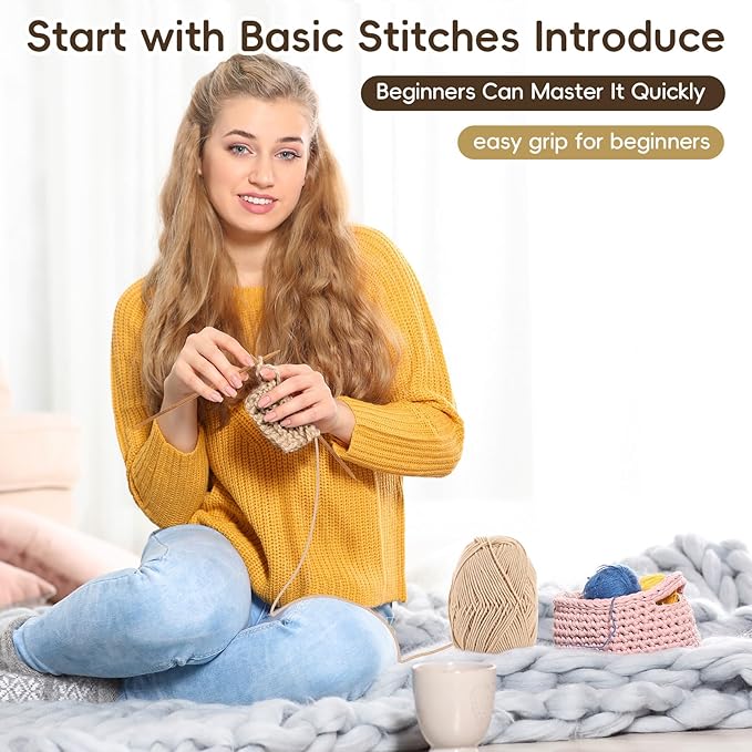 GliCraft Knitting Kits for Beginners Adults Hat Knit Kit with Yarn, Knitting Needles, Faux Pom, Scissors, Measuring Tape Practical and Easy to Use Complete Beginners for Women Men Present (Beige)