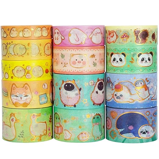 YUBX Cute Pets Washi Tape Set 13 Rolls Wide Gold Embellishment Decorative Masking Tapes for Arts, DIY Crafts, Journals, Planners, Scrapbook, Wrapping (Animal Kindergarten)
