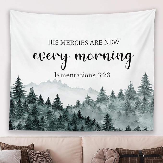 MNASAIOO Christian Mountian Wall Tapestry Hanging for Bedroom, Bible Verse Scripture His Mercies Are New Every Morning Tapestries, Watercolor Wall Decor Banner for Living Prayer Room Church 50x60in