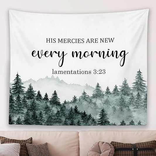MNASAIOO Christian Mountian Wall Tapestry Hanging for Bedroom, Bible Verse Scripture His Mercies Are New Every Morning Tapestries, Watercolor Wall Decor Banner for Living Prayer Room Church 50x60in