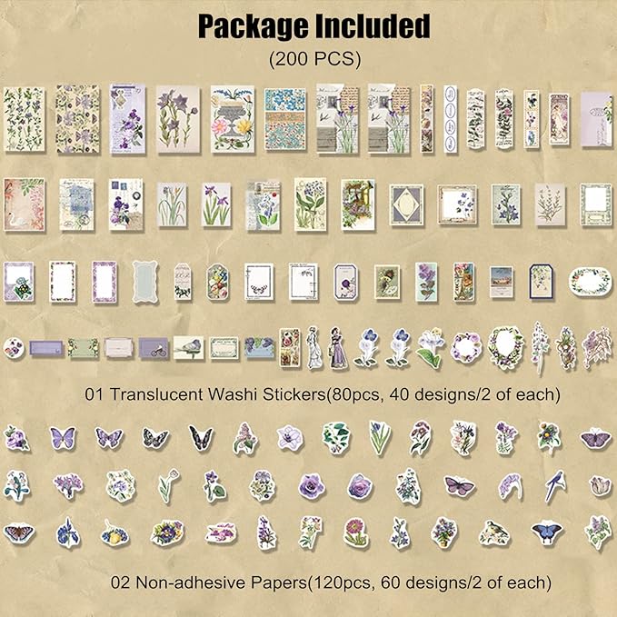 Esweny 200PCS Vintage Scrapbooking Supplies Kit, Scrapbook Sticker Paper Pack for for Planners Aesthetic Cottagecore Room Decor Wall Art Collage Album