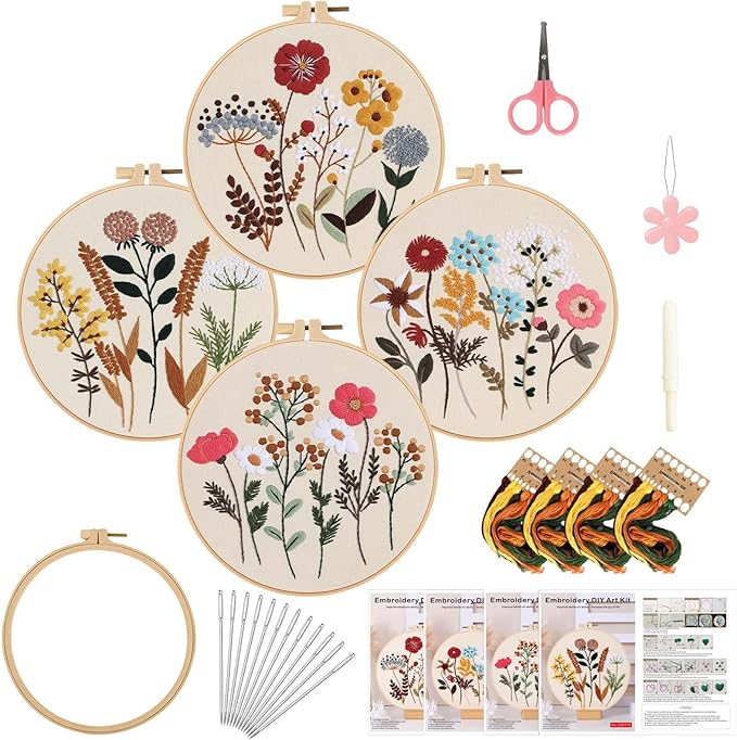 Fakindiy 4 Sets Embroidery Kit for Beginners, Flower Cross Stitch Set for Complete Starter Kit with Hoop, Threads, Needles & Tools,Hand Craft Gift for Lovers (ColorC-Flower Pattern)